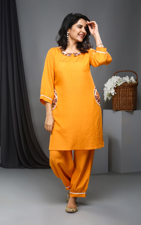 Yellow Pocket Coord Set Women Dress , Front View Three