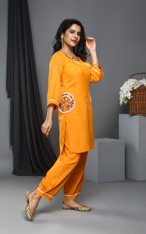 Yellow Pocket Coord Set Women Dress , Side View