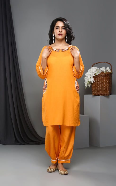 Yellow Pocket Coord Set Women Dress , Front View Two