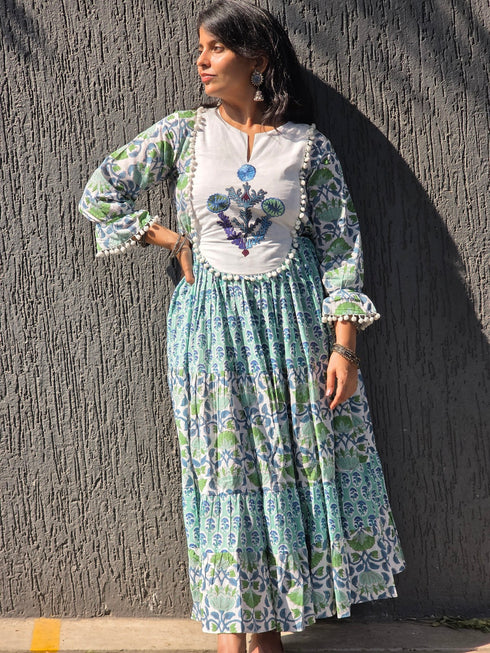 Blue Green Jaipuri Tier Dress