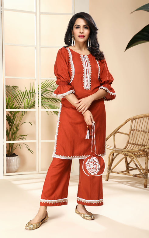 BROWN KURTA/PANT WITH POTLI