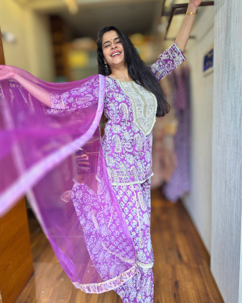 Purple Paisley Printed Cotton Kurta with Tiered Skirt
