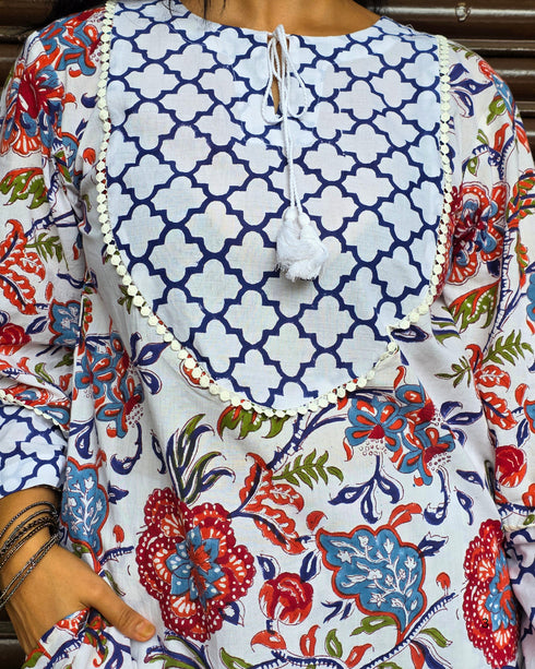 Blue Floral & Geometric Printed Cotton Co-Ord Set
