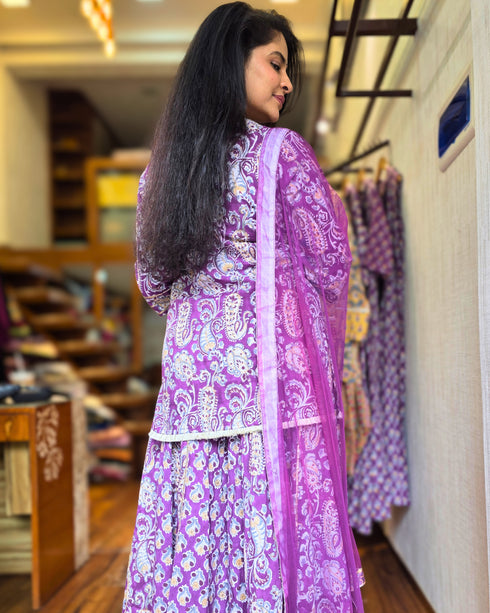 Purple Paisley Printed Cotton Kurta with Tiered Skirt