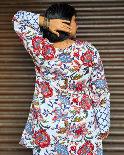 Blue Floral & Geometric Printed Cotton Co-Ord Set