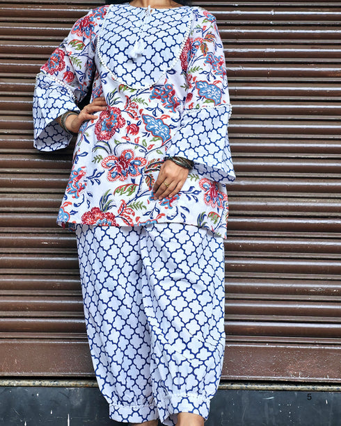 Blue Floral & Geometric Printed Cotton Co-Ord Set