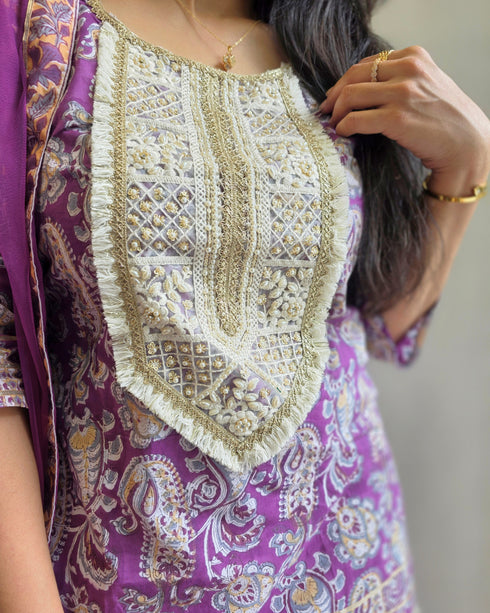 Purple Paisley Printed Cotton Kurta with Tiered Skirt