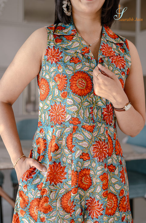 Orange Jaipuri Women Jumpsuit , Detail Top View