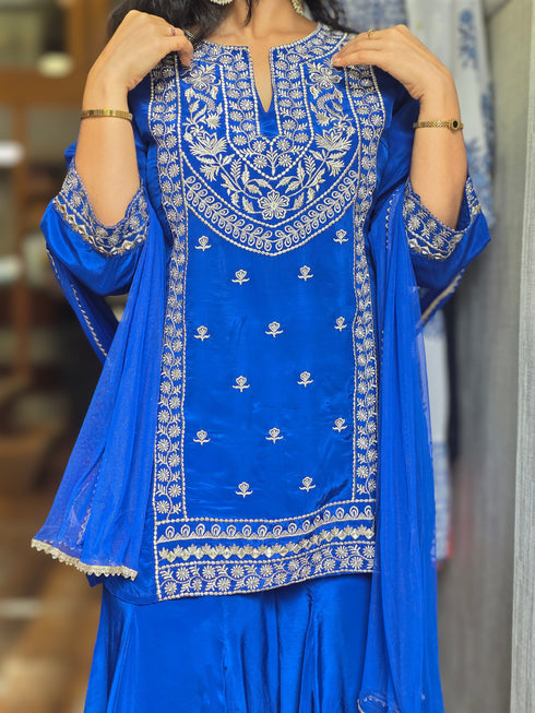 Royal Blue Embroidered Kurta Set with Sharara & Dupatta
