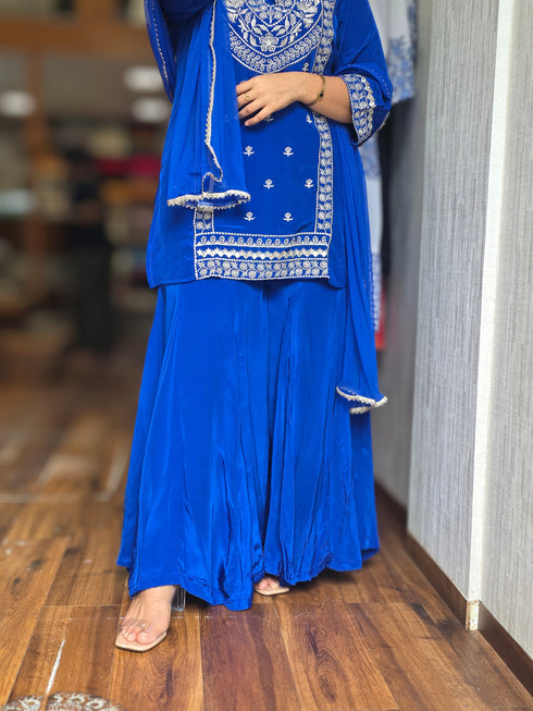 Royal Blue Embroidered Kurta Set with Sharara & Dupatta