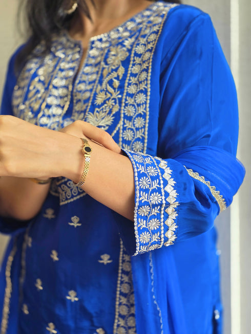 Royal Blue Embroidered Kurta Set with Sharara & Dupatta