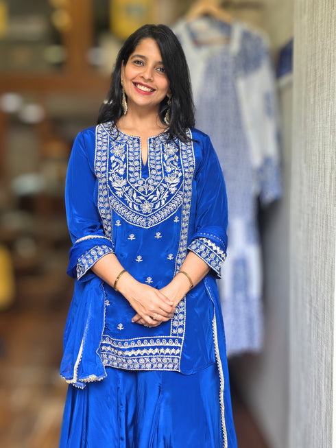 Royal Blue Embroidered Kurta Set with Sharara & Dupatta