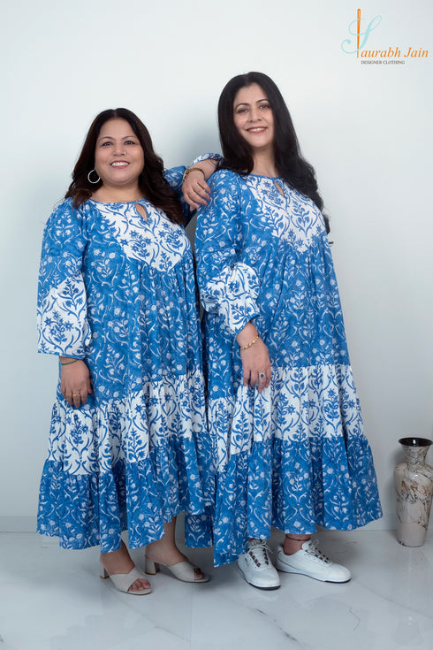 BLUE/WHITE COTTON JAIPURI DRESS