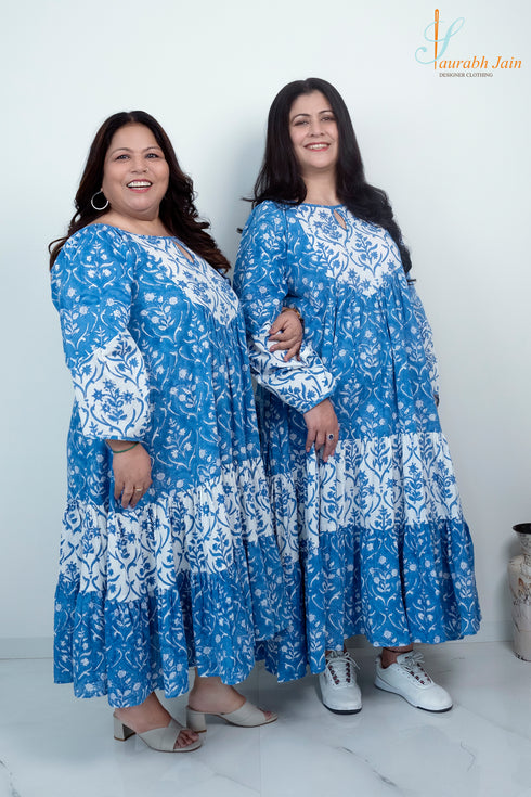 BLUE/WHITE COTTON JAIPURI DRESS
