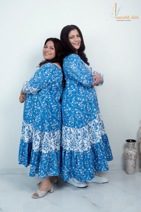 BLUE/WHITE COTTON JAIPURI DRESS