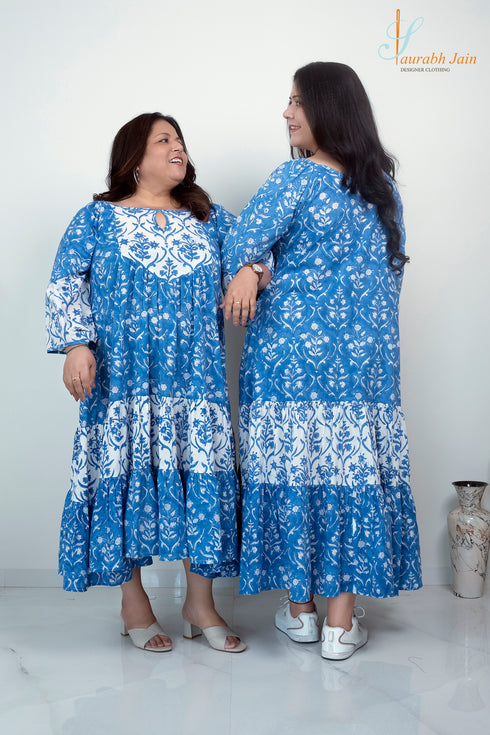BLUE/WHITE COTTON JAIPURI DRESS
