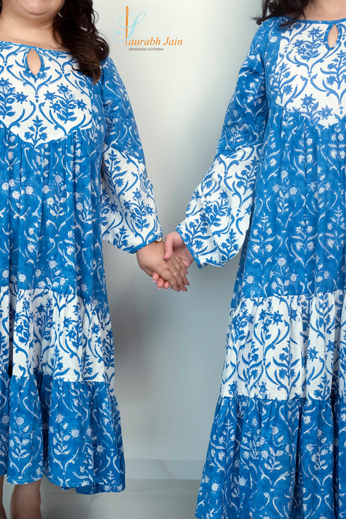 BLUE/WHITE COTTON JAIPURI DRESS