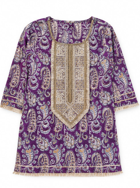 Purple Paisley Printed Cotton Kurta with Sharara