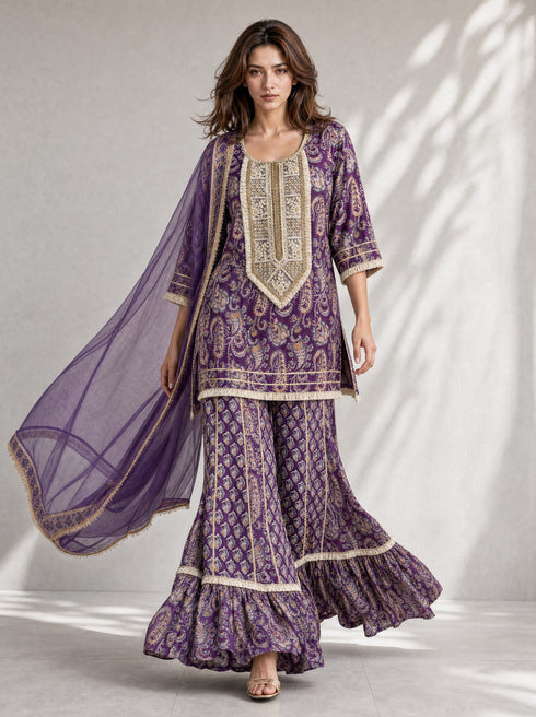 Purple Paisley Printed Cotton Kurta with Sharara