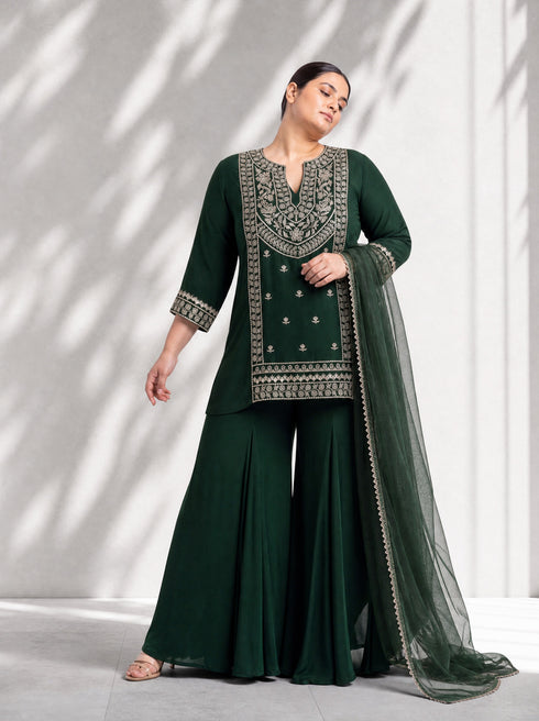 Emerald Green Embroidered Kurta Set with Sharara & Dupatta