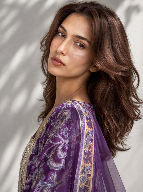 Purple Paisley Printed Cotton Kurta with Sharara