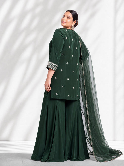 Emerald Green Embroidered Kurta Set with Sharara & Dupatta