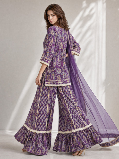 Purple Paisley Printed Cotton Kurta with Sharara