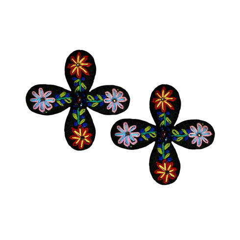 Handmade Floral Embroidered Cross Applique Patches Earring