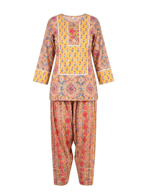 Yellow Floral Printed Farsi Set