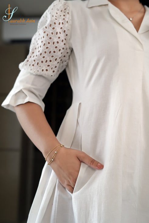 Designer White Hakoba Women Dress , Side Detail view