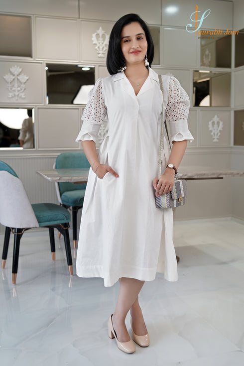 Designer White Hakoba Women Dress , Front view