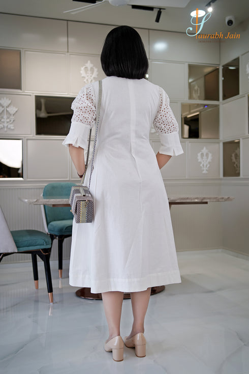 Designer White Hakoba Women Dress , Back view