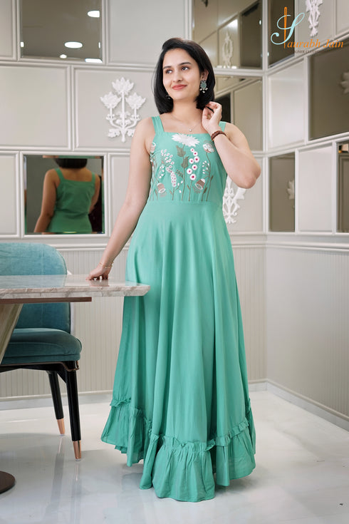 Designer Light Blue Embrodery Long Dress, Full View
