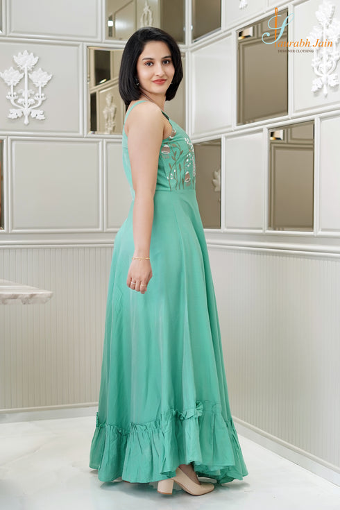 Designer Light Blue Embrodery Long Dress, Side View