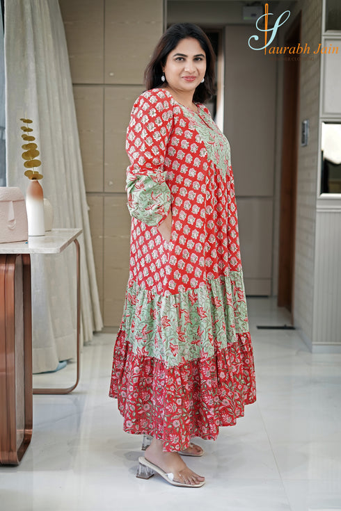 RED/GREEN COTTON JAIPURI DRESS