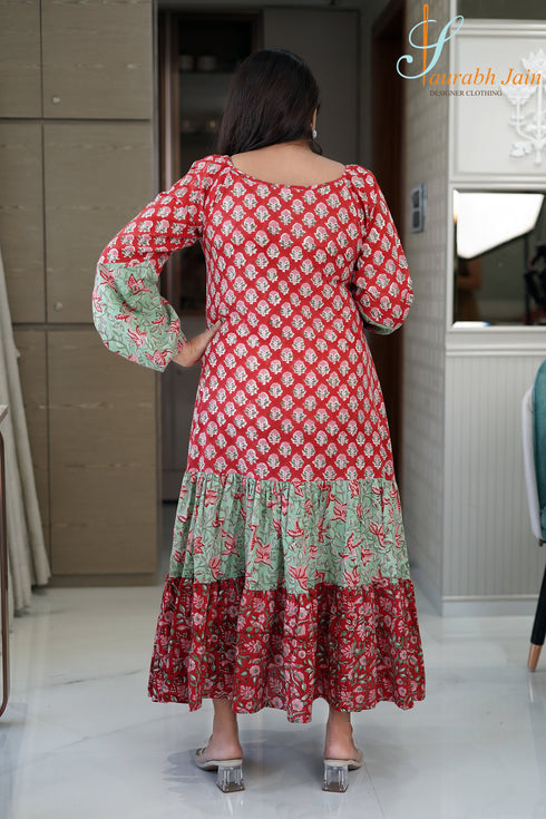 Designer Red/Green Cotton Women Jaipuri Dress,Back View