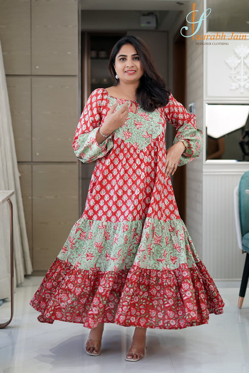 Designer Red/Green Cotton Women Jaipuri Dress