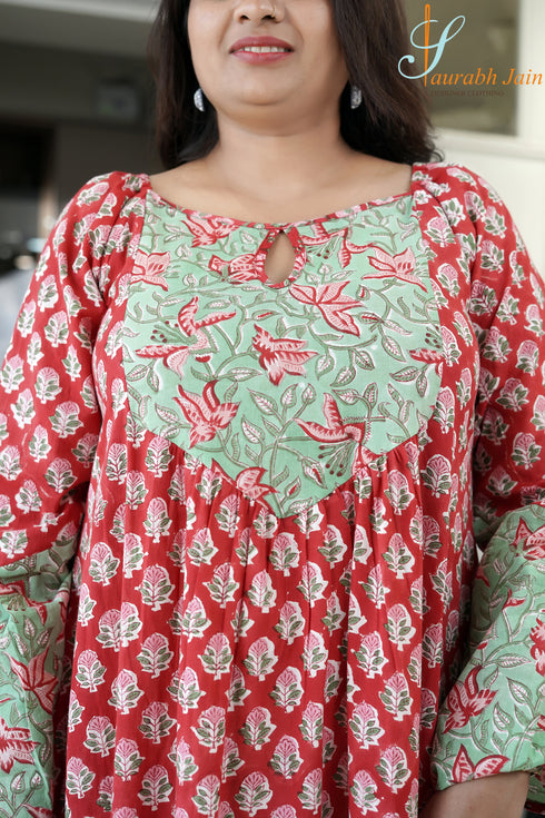 Designer Red/Green Cotton Women Jaipuri Dress, Detail View
