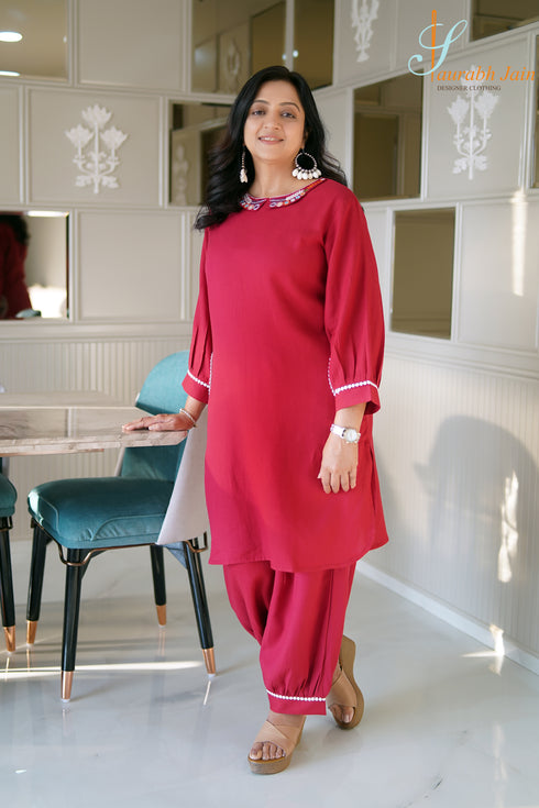 Designer Maroon Pocket Women Coord Set , Full View