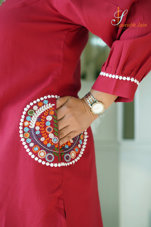 Designer Maroon Pocket Women Coord Set , Side Detail View