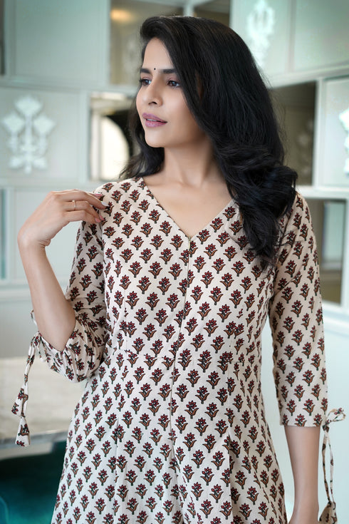 Beige Jaipuri Women Jumpsuit , Top Detail