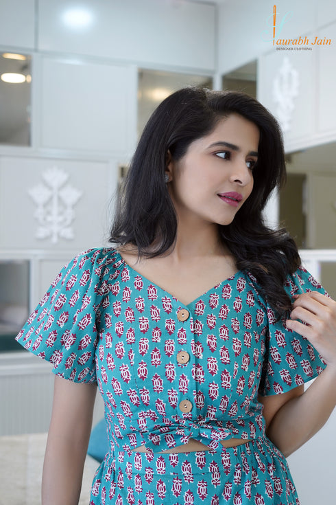 Designer Blue Draw String Women Coord Set , Top View