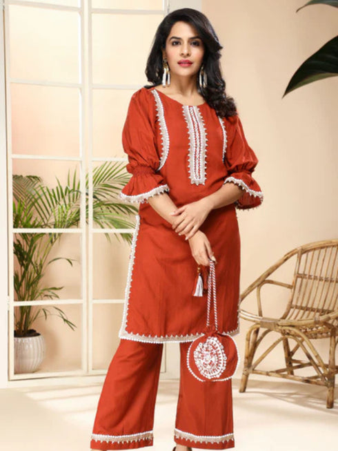 BROWN KURTA/PANT WITH POTLI