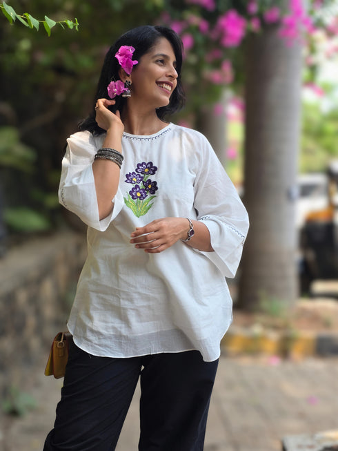 White Embroiderd bell Sleeve Cotton Top