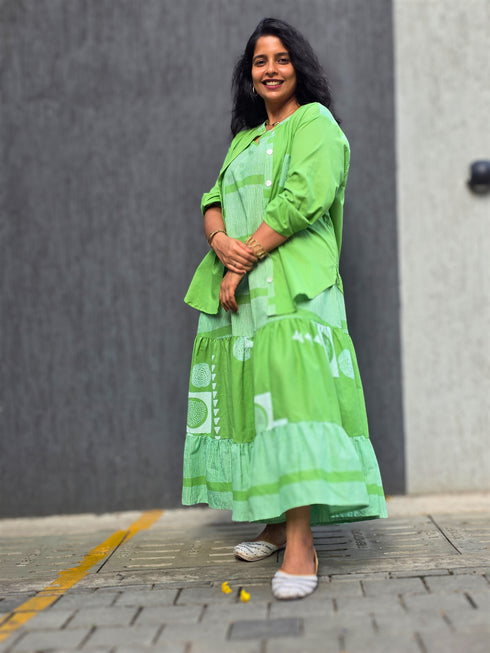 Lime Green Printed Shrug With Shirt