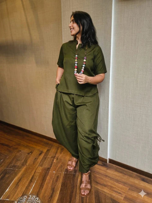 OLIVE GREEN INDO-WESTERN CO-ORD SET WITH NECKPIECE