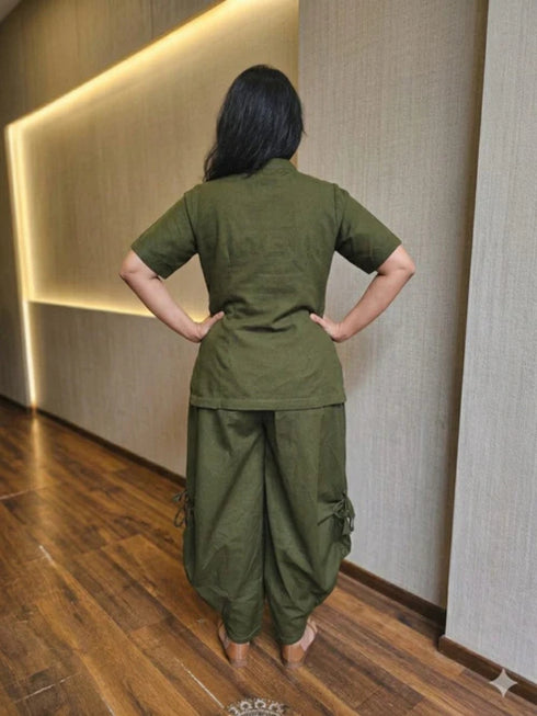 OLIVE GREEN INDO-WESTERN CO-ORD SET WITH NECKPIECE