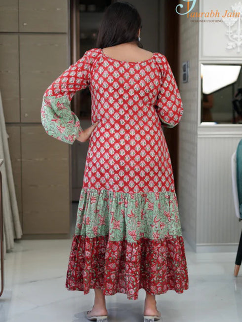 RED/GREEN COTTON JAIPURI DRESS