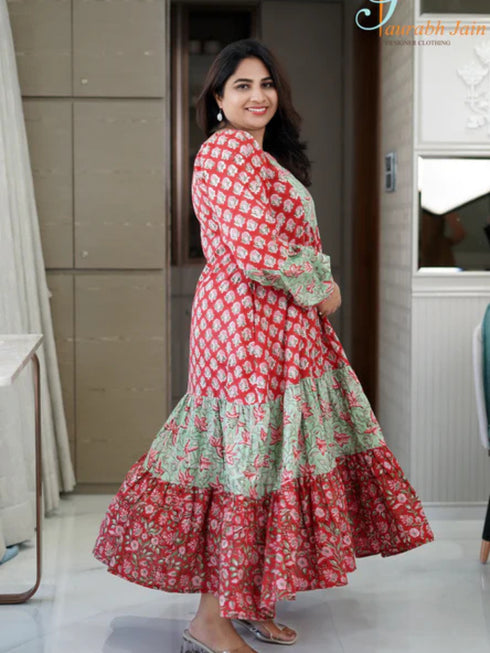 RED/GREEN COTTON JAIPURI DRESS