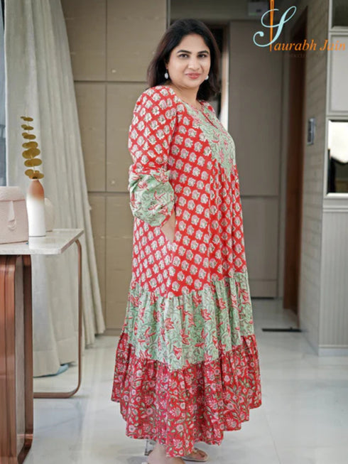 RED/GREEN COTTON JAIPURI DRESS